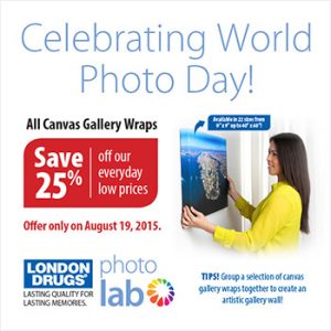 25% off gallery wraps. One day only—World Photo Day, August 19th. Celebrate by putting your best photo on your favourite wall.