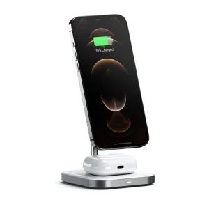 2‑in‑1 magnetic wireless charging stand holding a smartphone upright while wirelessly charging earbuds on the base.