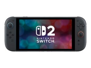 Handheld Nintendo Switch 2 console with a game screen displayed.