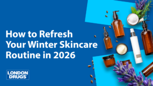 Graphic titled ‘How to Refresh Your Winter Skincare Routine in 2026’ with brown skincare bottles, creams, and lavender sprigs arranged on a blue background, along with the London Drugs logo