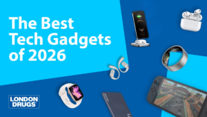 Graphic titled ‘The Best Tech Gadgets of 2026’ featuring various modern devices, including wireless earbuds, a smartwatch, a charging stand, a handheld gaming console, fitness earbuds, a smart ring, and a portable power bank, with the London Drugs logo in the corner.