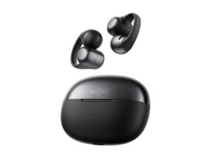 Black Shokz wireless earbuds with an oval charging case.