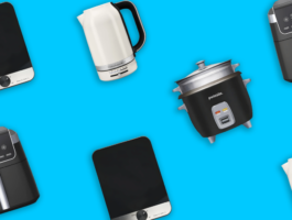 Assorted kitchen appliances including air fryers, electric kettles, induction cooktops, and a rice cooker arranged on a bright blue background.