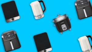 Assorted kitchen appliances including air fryers, electric kettles, induction cooktops, and a rice cooker arranged on a bright blue background. best kitchen gadgets 2026 canada, smart kitchen gadgets 2026, app‑connected kitchen gadgets