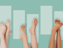 Multiple pairs of bare feet arranged against a green background, symbolizing small steps toward sustainability. Foot care and foot health at London Drugs